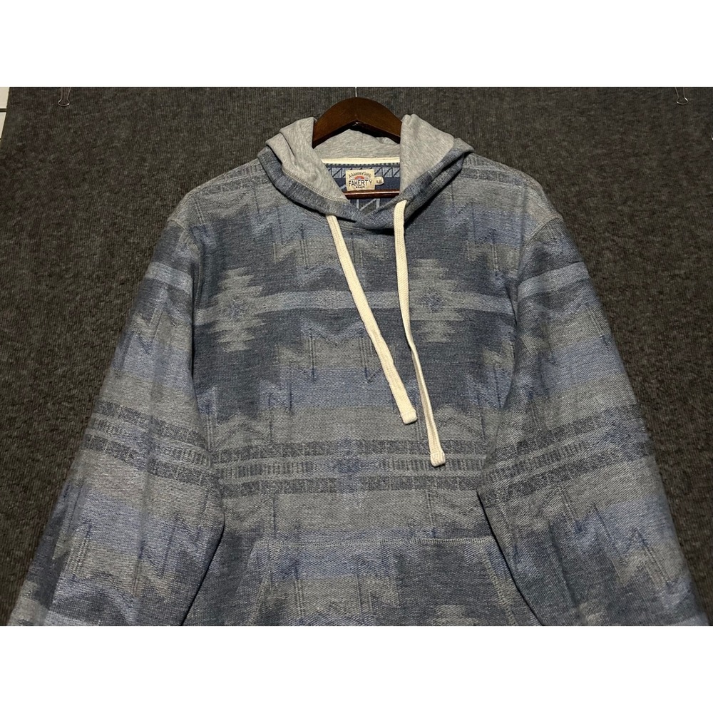 Faherty Hoodie Mens XL Blue Doug Good Feather Sweatshirt Aztec Design